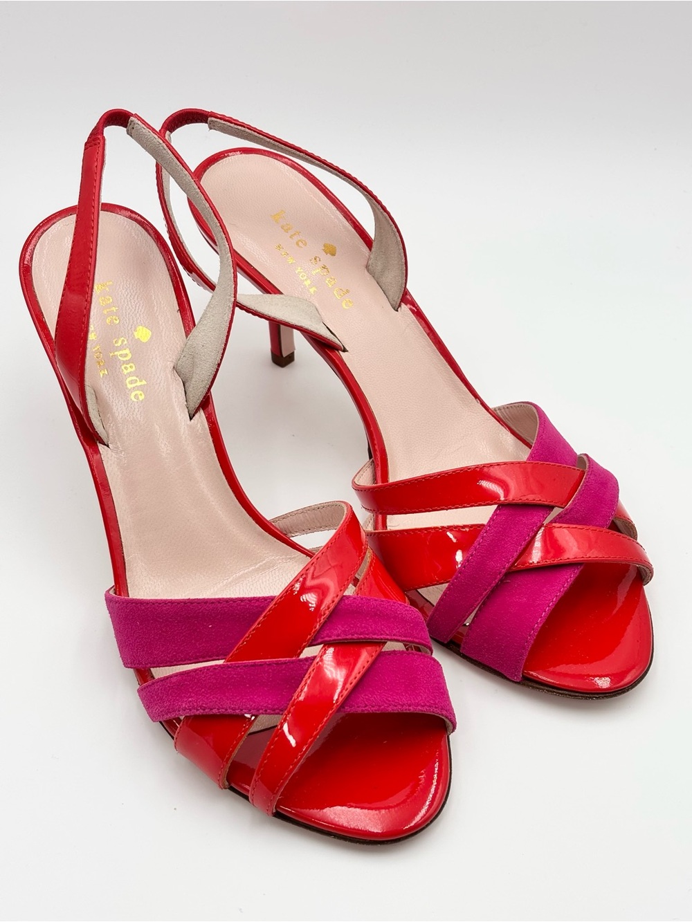 Kate Spade Red & Pink Patent Leather Suede Strappy High Heel Sandals Size 7